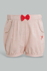 Redtag-White-Cut-And-Sew-Embroidered-Blouse-With-Coral-Short-Sets-Infant-Girls-3 to 24 Months