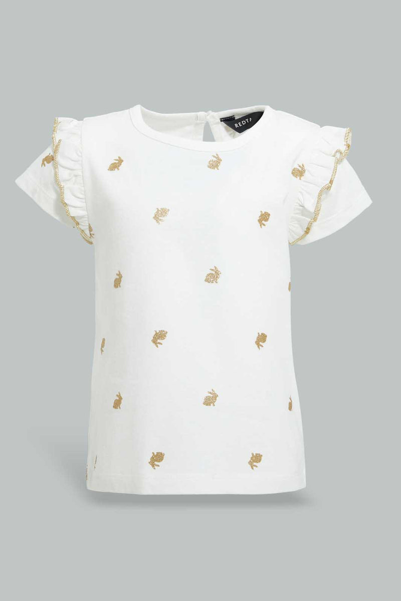 Redtag-Ivory-Bunny-Printed-T-Shirt-All-Over-Prints-Infant-Girls-3 to 24 Months