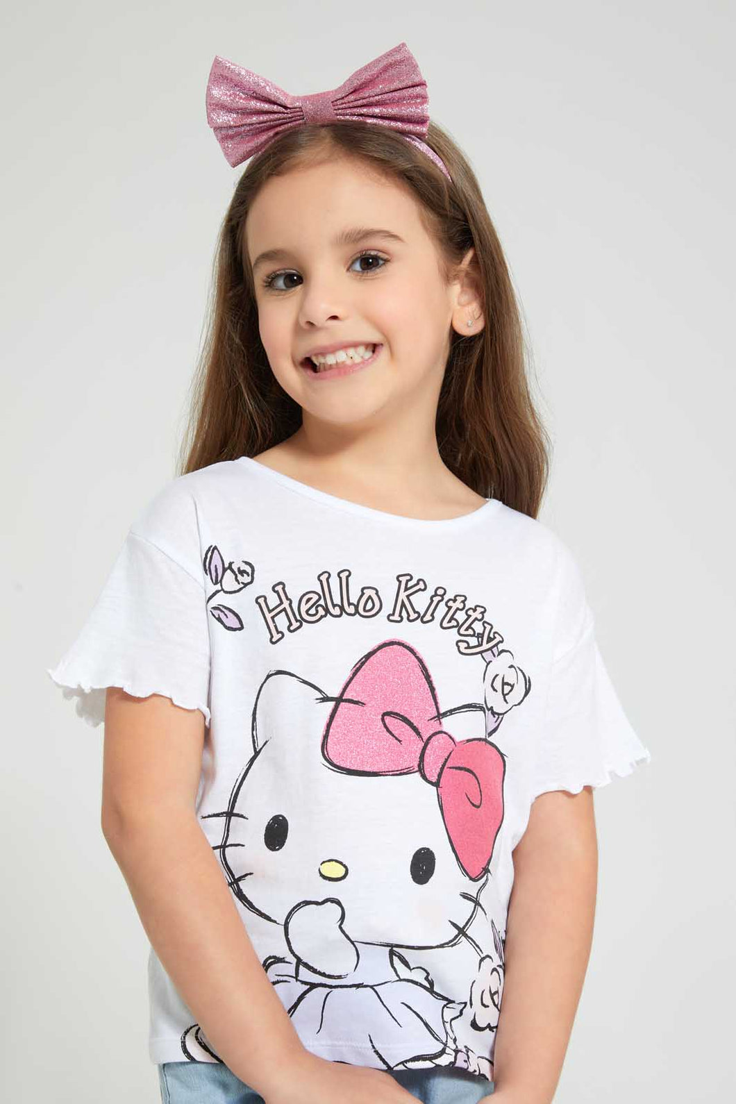 Redtag-White--S/Slv-Casual-T-Shirt-With-Helllo-Kitty---Placement-Print-Blouses-Girls-2 to 8 Years