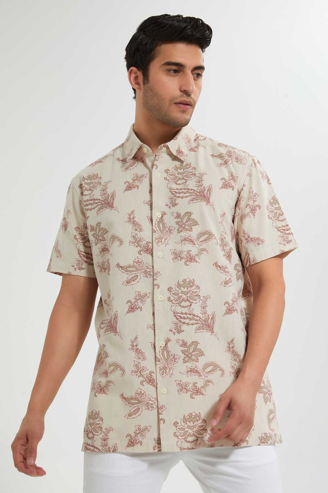 Redtag-Beige-Printed-S/S-Shirt-Casual-Shirts-Men's-