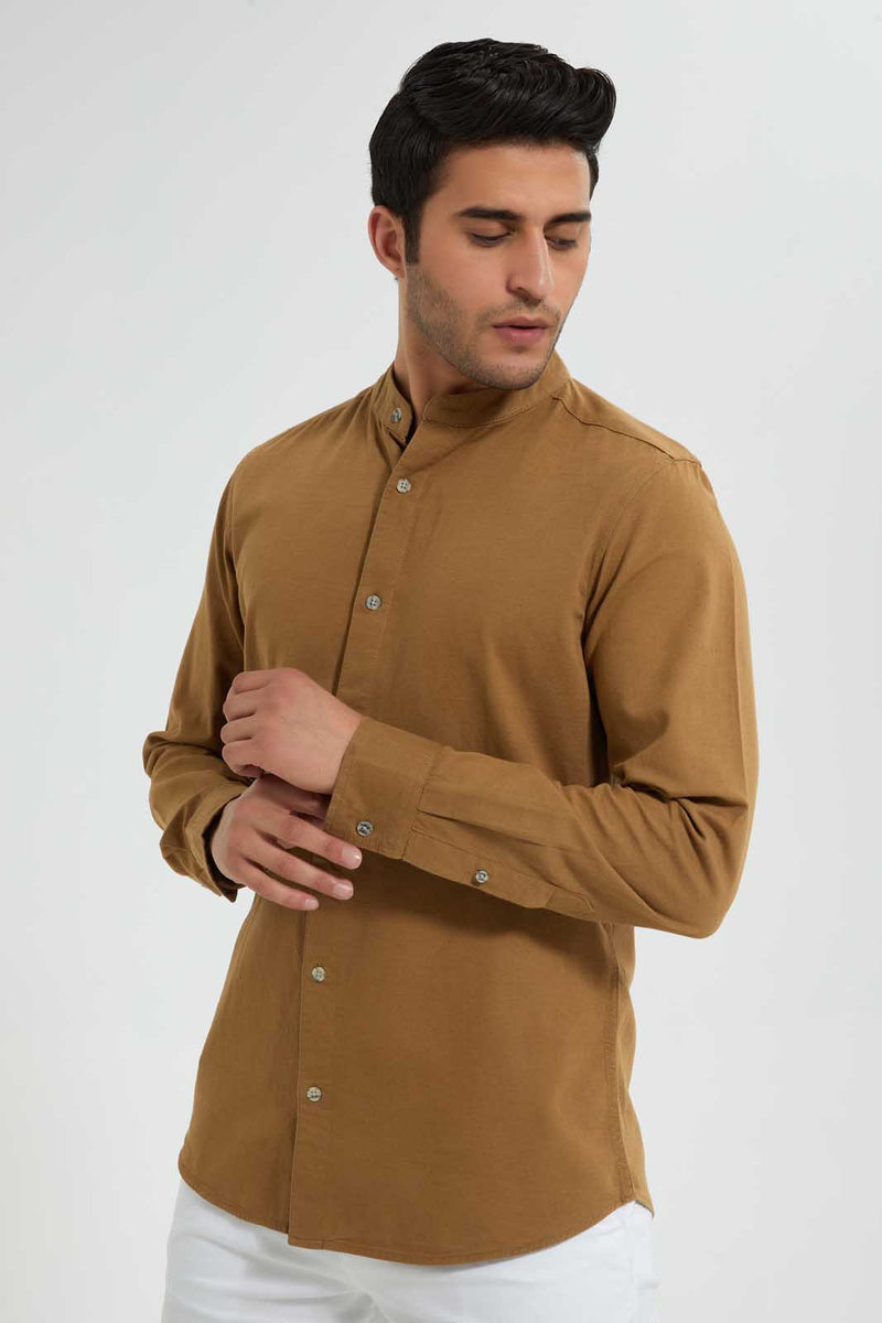 Redtag-Brown-Mandrain-Collar-Linen-Shirt-Casual-Shirts-Men's-