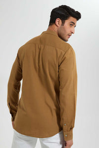 Redtag-Brown-Mandrain-Collar-Linen-Shirt-Casual-Shirts-Men's-