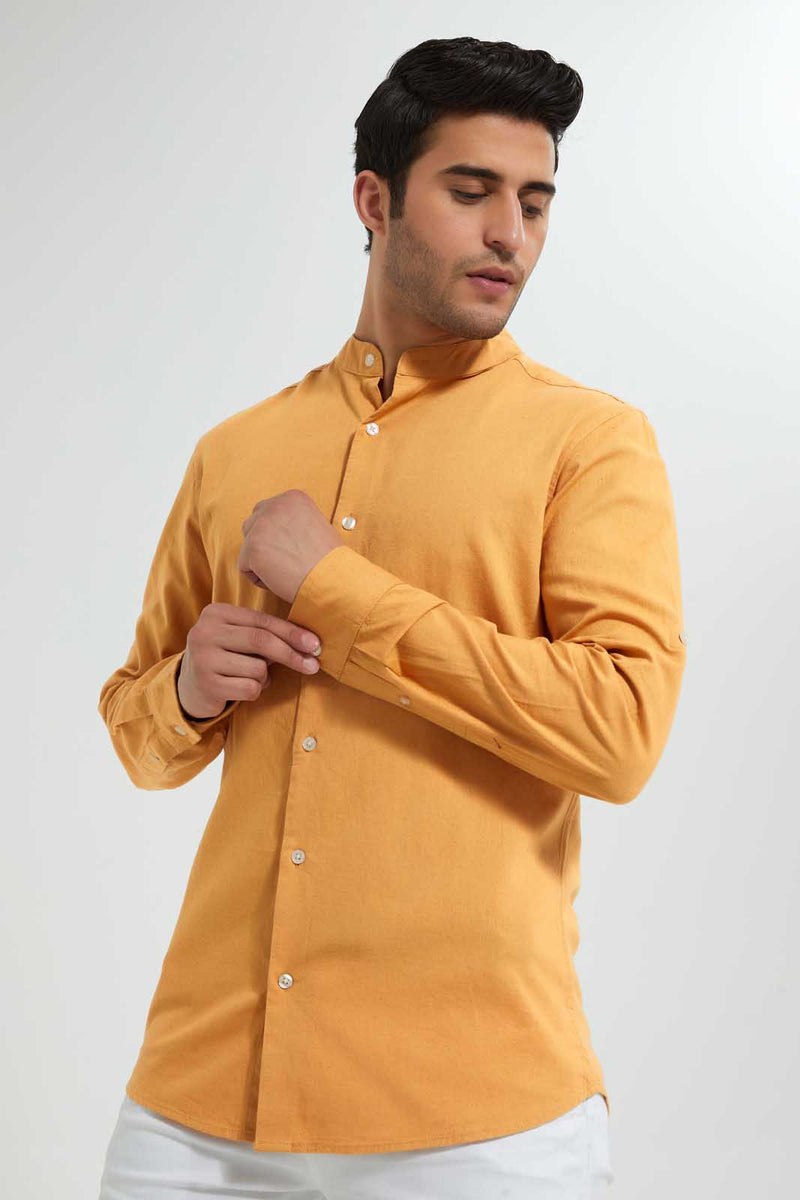 Redtag-Mustard-Mandrain-Collar-Linen-Shirt-Casual-Shirts-Men's-