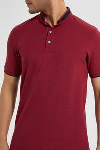 Redtag-Burgandy-Printed-Standup-Collar-Polo-Shirt-Polo-Shirts-Men's-