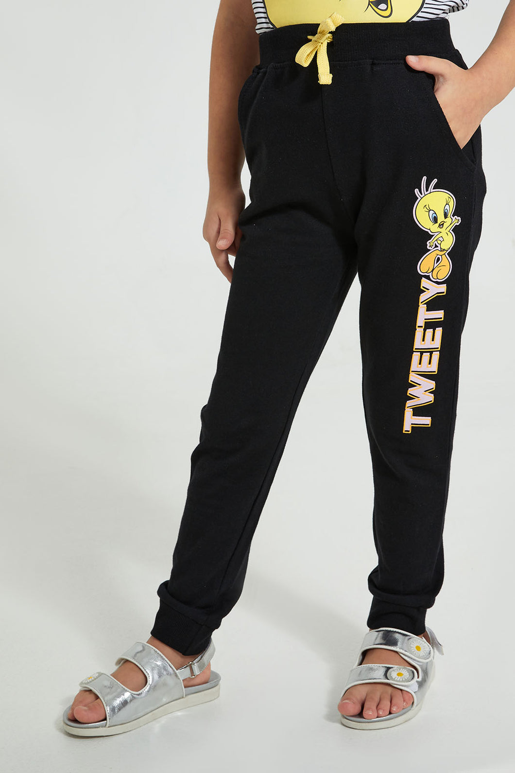 Redtag-Black-Tweety-Active-Track-Pant-Character,-Colour:Black,-Filter:Girls-(2-to-8-Yrs),-Girls-Joggers,-New-In,-New-In-GIR,-Non-Sale,-S22B,-Section:Kidswear,-TBL-Girls-2 to 8 Years