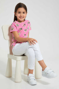 Redtag-Pale-Pink-Aop-Na-Na-Doll-Short-Sleeve--Casual-T-Shirt-All-Over-Prints-Girls-2 to 8 Years