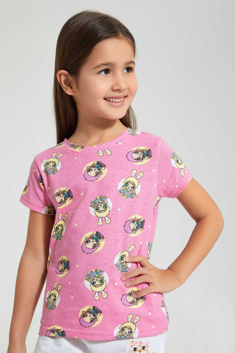 Redtag-Pale-Pink-Aop-Na-Na-Doll-Short-Sleeve--Casual-T-Shirt-All-Over-Prints-Girls-2 to 8 Years