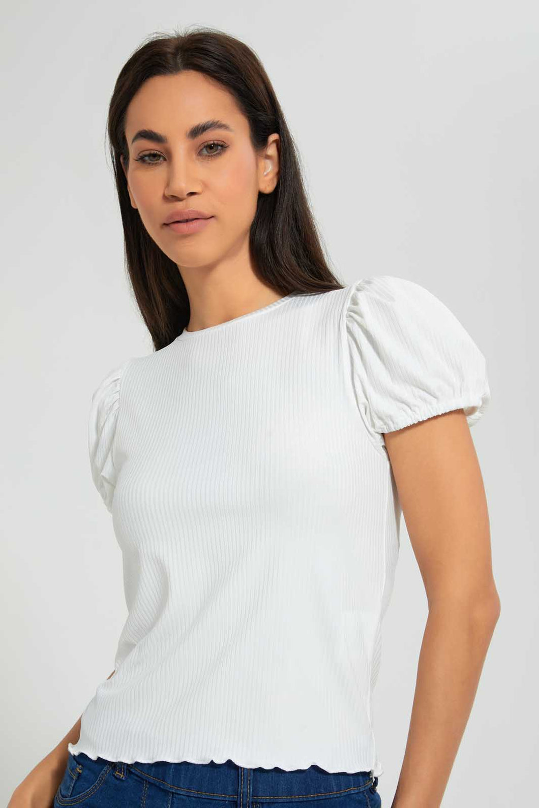 Redtag-White-Puff-Sleeve-Rib-Top-Tops-Women's-