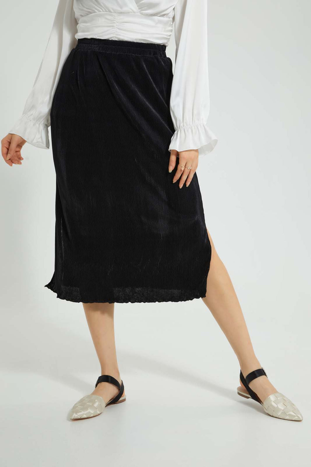 Redtag-Black-Plisse-Midi-Skirt-Skirts-Women's-