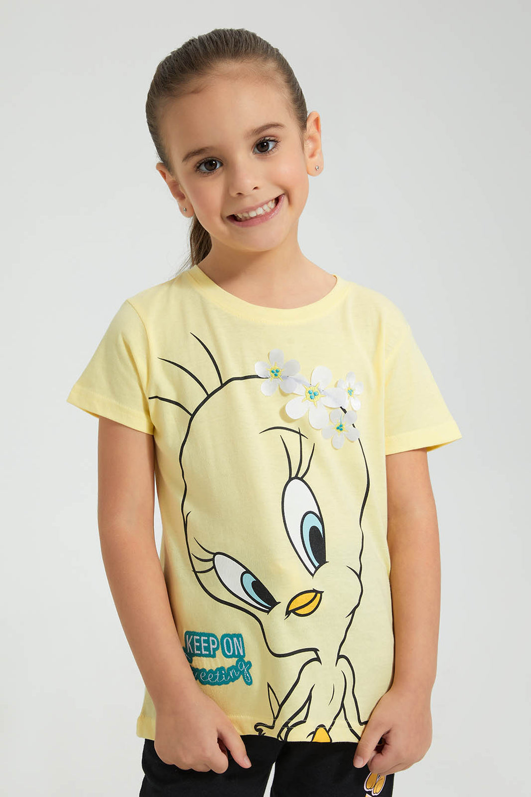 Redtag-Yellow---Short-Sleevelv-Casual-T-Shirts-With-Tweety-Placement-Print-Character,-Colour:Yellow,-Filter:Girls-(2-to-8-Yrs),-Girls-T-Shirts,-New-In,-New-In-GIR,-Non-Sale,-S22B,-Section:Kidswear,-TBL-Girls-2 to 8 Years