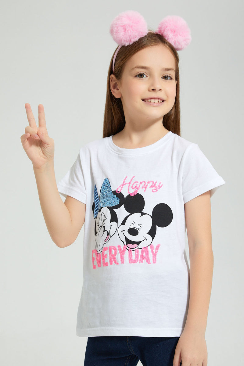 Redtag-White---Short-Sleevelv-Casual-T-Shirt-With-Micky-And-Minnie-Placement-Print-Character,-Colour:White,-Filter:Girls-(2-to-8-Yrs),-Girls-T-Shirts,-New-In,-New-In-GIR,-Non-Sale,-S22B,-Section:Kidswear,-TBL-Girls-2 to 8 Years