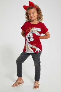 Redtag-Red---S/Slv-Casual-T-Shirt-With-Bunny-Placement-Print-Blouses-Girls-2 to 8 Years