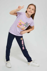 Redtag-Lilac---Short-Sleevelv-Casual-T-Shirts-With-Tom-&-Jerry-Placement-Print-Character,-Colour:Lilac,-Filter:Girls-(2-to-8-Yrs),-Girls-T-Shirts,-New-In,-New-In-GIR,-Non-Sale,-S22B,-Section:Kidswear,-TBL-Girls-2 to 8 Years