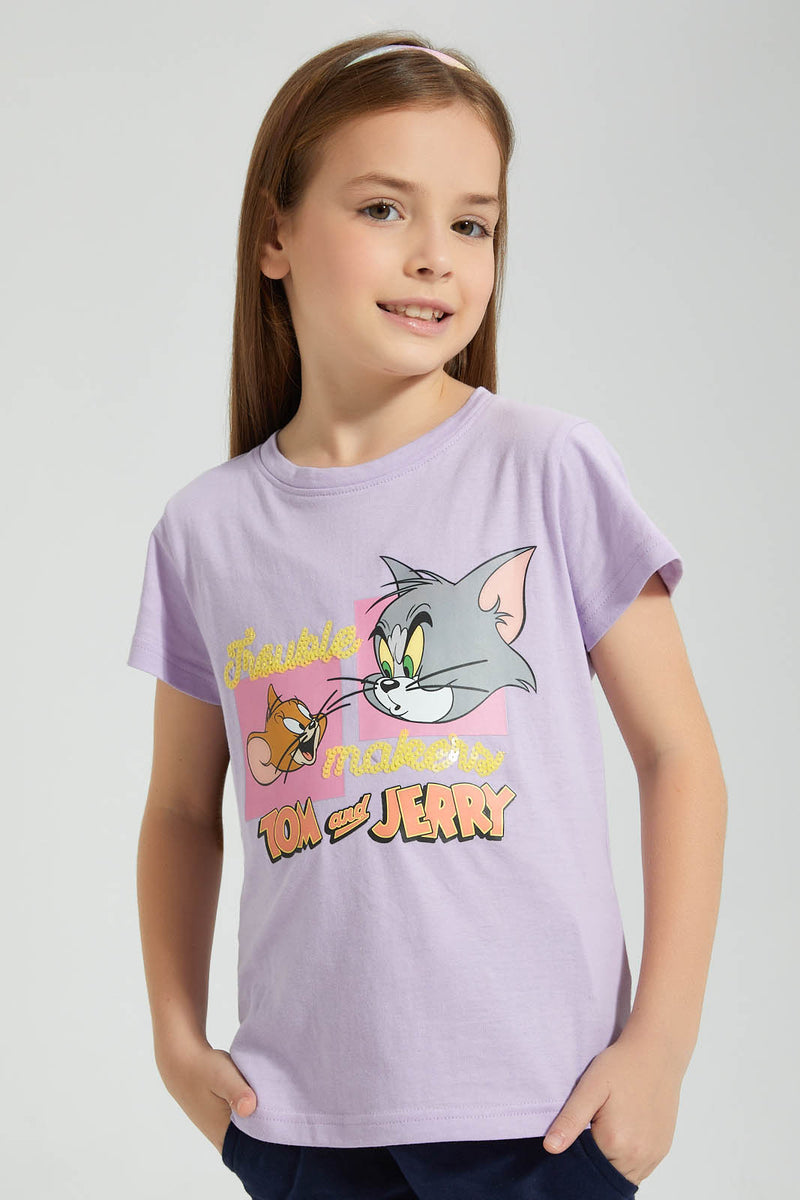 Redtag-Lilac---Short-Sleevelv-Casual-T-Shirts-With-Tom-&-Jerry-Placement-Print-Character,-Colour:Lilac,-Filter:Girls-(2-to-8-Yrs),-Girls-T-Shirts,-New-In,-New-In-GIR,-Non-Sale,-S22B,-Section:Kidswear,-TBL-Girls-2 to 8 Years