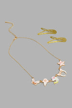 Load image into Gallery viewer, Gold Embellished Necklace And Hair Clip For Girls (3 Piece)
