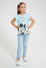 Redtag-Lt.-Blue-Ruffled-Slv-Casual-T-Shirt-With-Minnie-&-Micky-Placement-Print-Blouses-Girls-2 to 8 Years