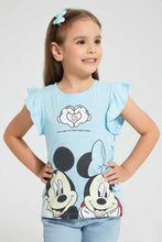 تنزيل الصورة على معرض الصور، Redtag-Lt.-Blue-Ruffled-Slv-Casual-T-Shirt-With-Minnie-&amp;-Micky-Placement-Print-Blouses-Girls-2 to 8 Years
