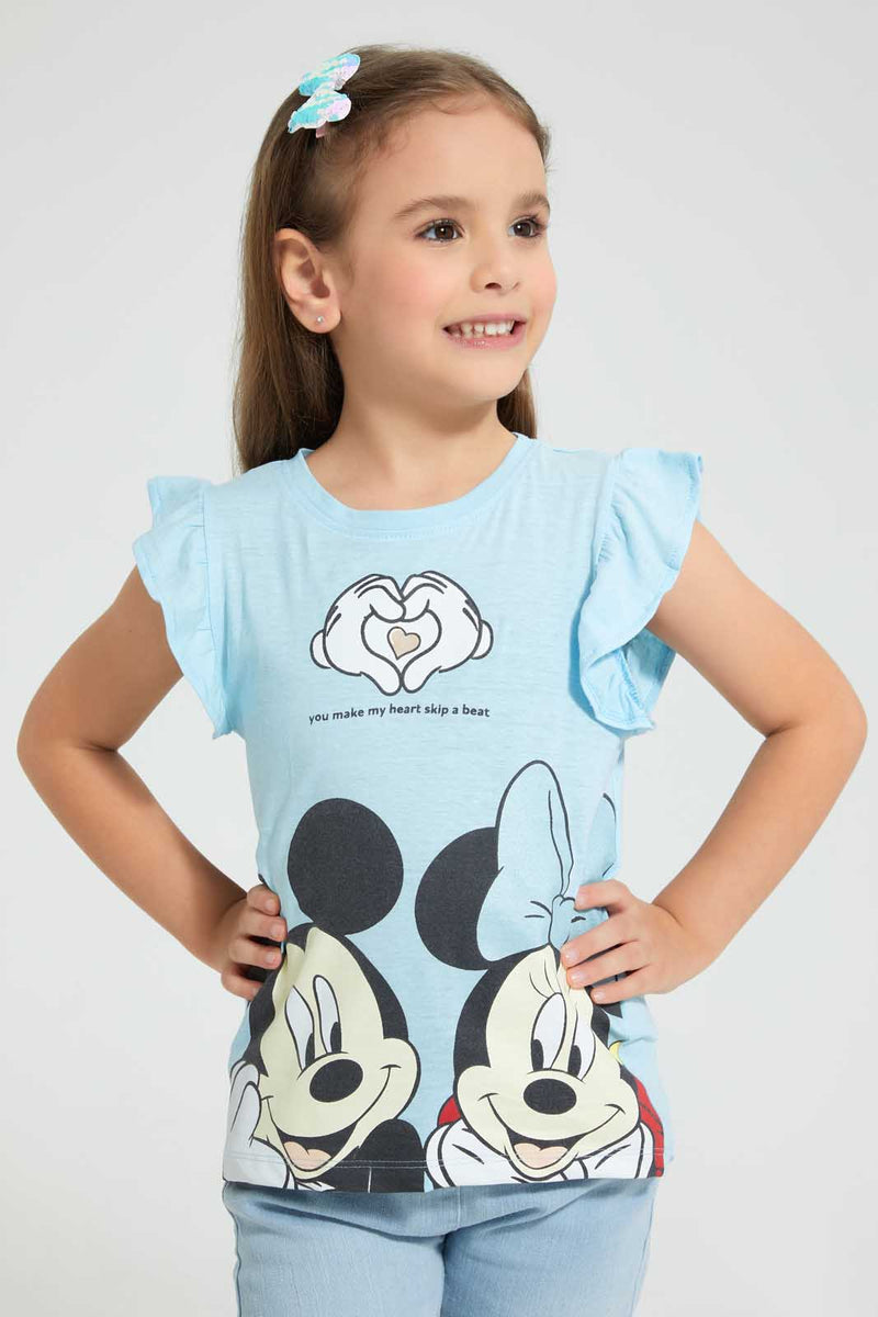 Redtag-Lt.-Blue-Ruffled-Slv-Casual-T-Shirt-With-Minnie-&-Micky-Placement-Print-Blouses-Girls-2 to 8 Years