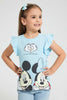 Redtag-Lt.-Blue-Ruffled-Slv-Casual-T-Shirt-With-Minnie-&-Micky-Placement-Print-Blouses-Girls-2 to 8 Years