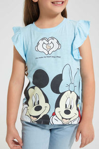 Redtag-Lt.-Blue-Ruffled-Slv-Casual-T-Shirt-With-Minnie-&-Micky-Placement-Print-Blouses-Girls-2 to 8 Years