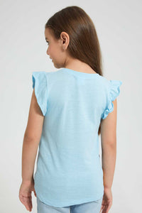 Redtag-Lt.-Blue-Ruffled-Slv-Casual-T-Shirt-With-Minnie-&-Micky-Placement-Print-Blouses-Girls-2 to 8 Years