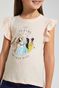 Redtag-Peach-Ruffled-S/Slv-Casual-T-Shirt-With-Princess-Placement-Print-Blouses-Girls-2 to 8 Years