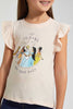 Redtag-Peach-Ruffled-S/Slv-Casual-T-Shirt-With-Princess-Placement-Print-Blouses-Girls-2 to 8 Years