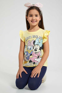 Redtag-Lt.-Yellow-Ruffled-S/Slv-Casual-T-Shirt-With-Micky-Placement-Print-Blouses-Girls-2 to 8 Years