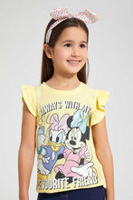 تنزيل الصورة على معرض الصور، Redtag-Lt.-Yellow-Ruffled-S/Slv-Casual-T-Shirt-With-Micky-Placement-Print-Blouses-Girls-2 to 8 Years
