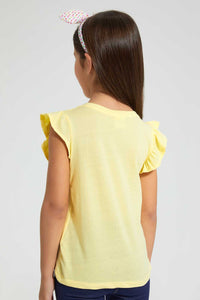 Redtag-Lt.-Yellow-Ruffled-S/Slv-Casual-T-Shirt-With-Micky-Placement-Print-Blouses-Girls-2 to 8 Years