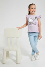 تنزيل الصورة على معرض الصور، Redtag-Lilac-Ruffled-S/Slv-Casual-T-Shirt-With-Hello-Kitty-Placement-Print-Blouses-Girls-2 to 8 Years
