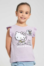 تنزيل الصورة على معرض الصور، Redtag-Lilac-Ruffled-S/Slv-Casual-T-Shirt-With-Hello-Kitty-Placement-Print-Blouses-Girls-2 to 8 Years
