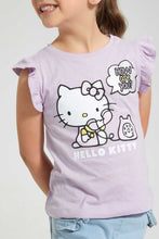 تنزيل الصورة على معرض الصور، Redtag-Lilac-Ruffled-S/Slv-Casual-T-Shirt-With-Hello-Kitty-Placement-Print-Blouses-Girls-2 to 8 Years
