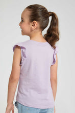 تنزيل الصورة على معرض الصور، Redtag-Lilac-Ruffled-S/Slv-Casual-T-Shirt-With-Hello-Kitty-Placement-Print-Blouses-Girls-2 to 8 Years
