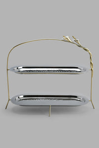 Redtag-Silver-Hammered-Two-Tier-Oval-Dish-With-Gold-Brass-Stand-Serving-Dish-Home-Dining-