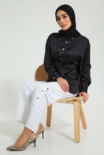 Load image into Gallery viewer, Redtag-Black-Satin-Belted-Shirt-Blouses-Women&#39;s-
