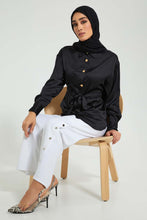 Load image into Gallery viewer, Redtag-Black-Satin-Belted-Shirt-Blouses-Women&#39;s-
