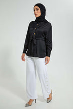 Load image into Gallery viewer, Redtag-Black-Satin-Belted-Shirt-Blouses-Women&#39;s-
