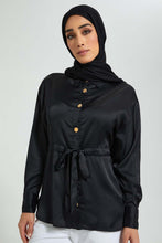 Load image into Gallery viewer, Redtag-Black-Satin-Belted-Shirt-Blouses-Women&#39;s-
