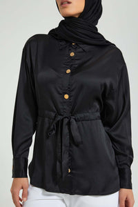 Redtag-Black-Satin-Belted-Shirt-Blouses-Women's-