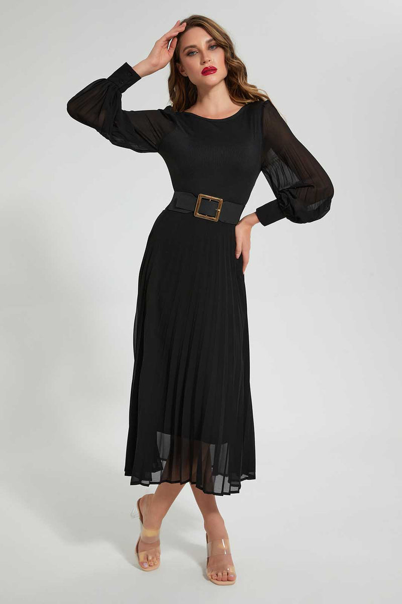 Redtag-Black-Crewneck-Longsleeve-Dress-Dresses-Women's-