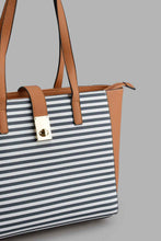 Load image into Gallery viewer, Redtag-Navy-And-White-Nautical-Stripe-Tote-Bag-Day-Bags-Women-
