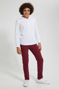 Redtag-Burgundy-Colored-Knit-Denim-Jeans-Regular-Fit-Senior-Boys-9 to 14 Years
