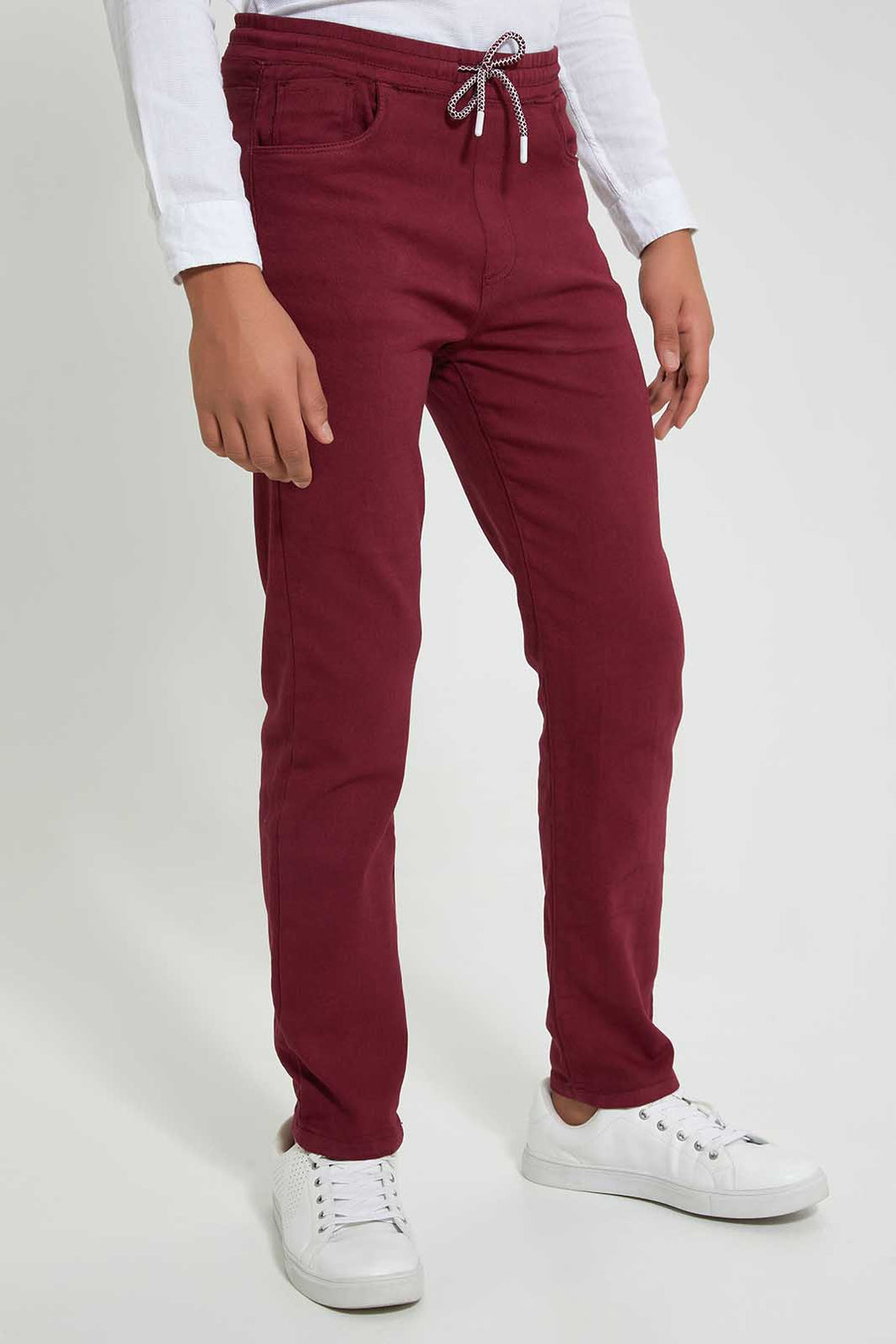 Redtag-Burgundy-Colored-Knit-Denim-Jeans-Regular-Fit-Senior-Boys-9 to 14 Years