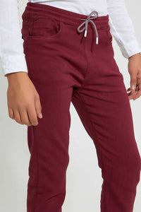Redtag-Burgundy-Colored-Knit-Denim-Jeans-Regular-Fit-Senior-Boys-9 to 14 Years