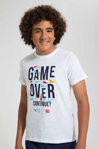 Redtag-White-Game-Over-Night-Suit-Pyjama-Sets-Senior-Boys-9 to 14 Years
