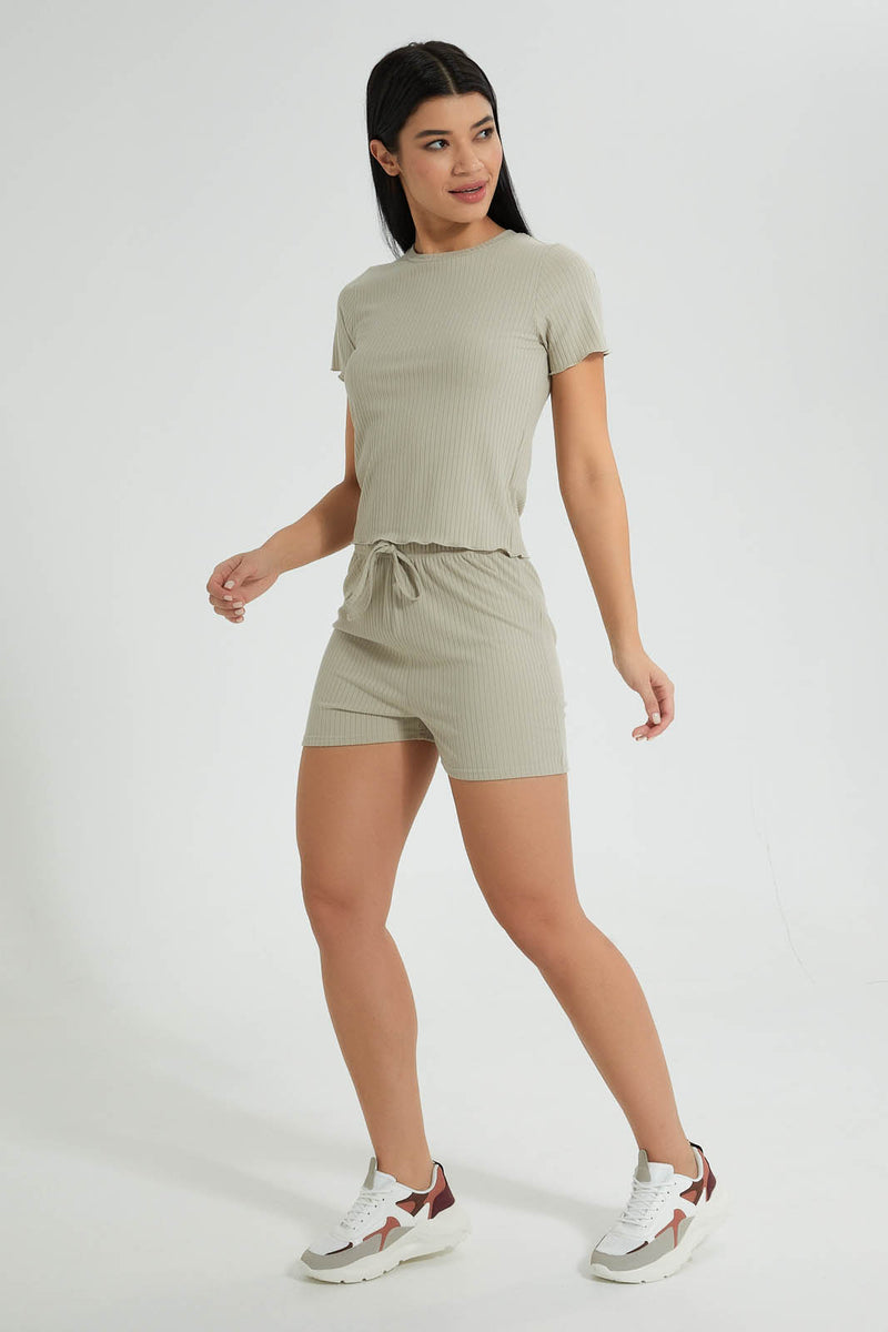 Redtag-Olive-Rib-Shorts-Coord-Colour:Dark-Green,-Filter:Women's-Clothing,-New-In,-New-In-Women,-Non-Sale,-S22B,-Section:Women,-Women-Shorts-Women's-