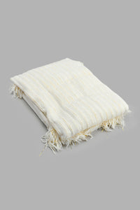 Redtag-Ivory/Gold-Textured-Stripe-Throw-With-Fringles-Throws-Home-Bedroom-