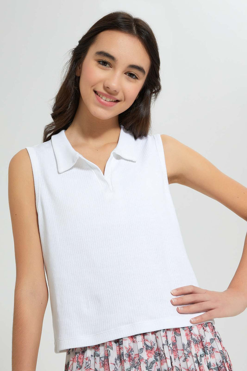 Redtag-White-S/L-Collared-Rib-Top-Plain-Senior-Girls-9 to 14 Years