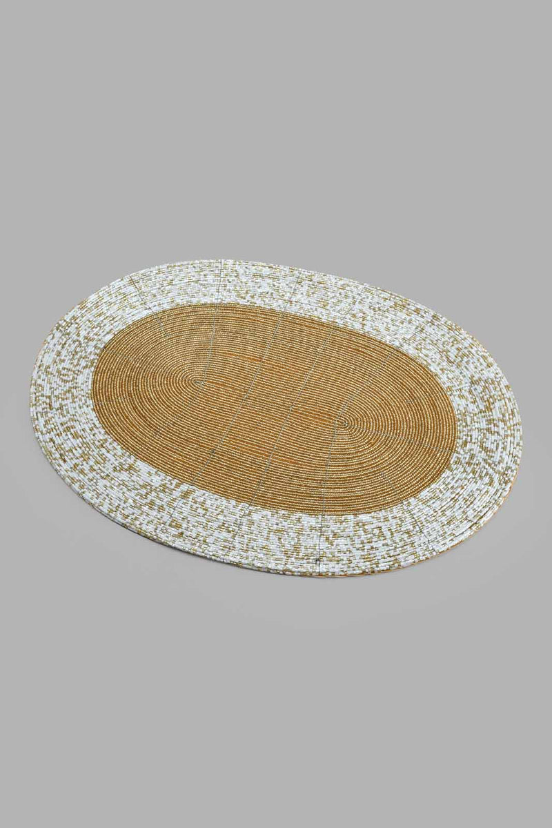 Redtag-Gold/White-Oval-Beaded-Placemat-Placemats-Home-Dining-